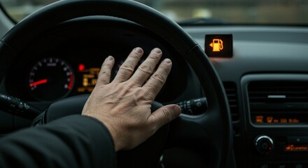 Hand on steering wheel near fuel gauge indicating low fuel in an automobile interior.