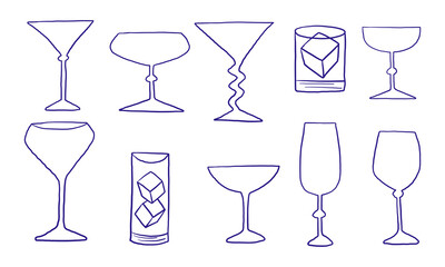 Hand Drawn Line Art Cocktail Wine Glass. A refined collection of 10 hand drawn glassware elements in clean line art style featuring martini and wine. Perfect for bar menus stickers and drink