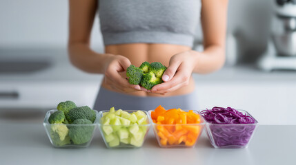 Woman holding fresh broccoli with colorful vegetables in glass bowls for healthy meal preparation