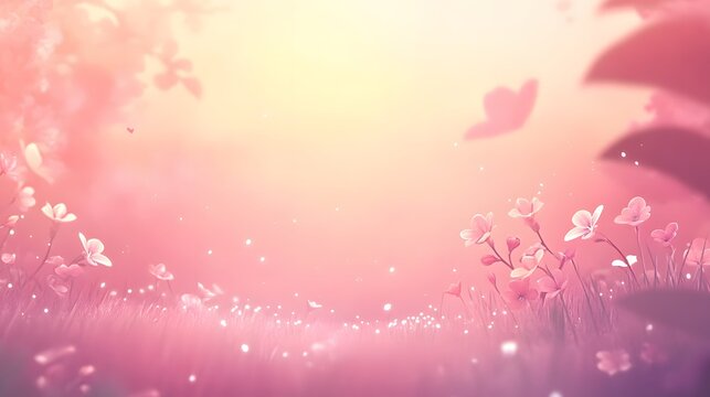 Fototapeta Pink Flowers Sunset Meadow Dreamy Fantasy Art