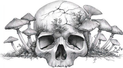 A skull adorned with mushrooms and foliage