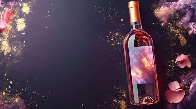 Elegant Rose Wine Bottle Mockup with Gold and Pink Accents