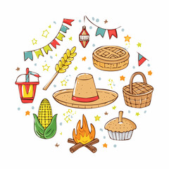 Colorful illustration featuring traditional Festa Junina elements like a straw hat, corn, fire, and festive decorations, capturing the joyful spirit of this cultural celebration in June