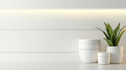  minimalist white shelf with stacked white ceramic bowls and a green potted plant against a softly lit, textured wall.