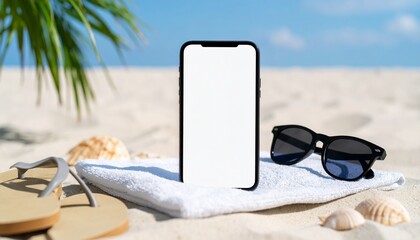 3d smartphone mockup with blank screen placed on a beach towel next to flip flops and sunglasses