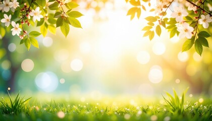 Fototapeta premium Blooming cherry blossom trees in a vibrant park setting nature photography with soft light spring atmosphere captured from a ground level perspective