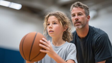 Female youth athlete receiving basketball training guidance from experienced mentor