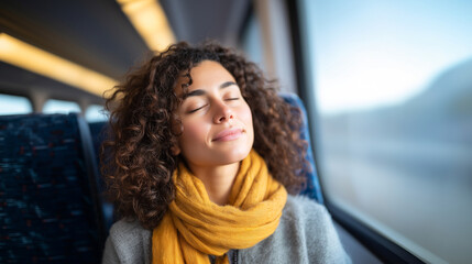 Joyful woman with curly hair enjoying peaceful moment during sunny train journey with eyes closed