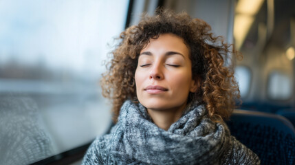 Serene woman with curly hair practicing mindfulness meditation with closed eyes in soft natural lighting