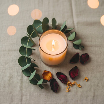 Minimal Boho Square Flat Lay with Candle, Eucalyptus, Rose Petals and Linen &ndash; Bokeh Lights Neutral Aesthetic