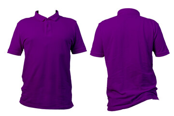Front and back view of plain purple polo shirt isolated on white background for clothing and fashion display