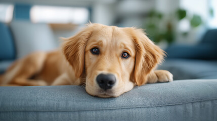 Adorable golden retriever puppy resting peacefully on gray sofa in comfortable modern home setting