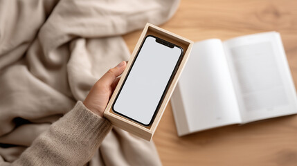 Person unboxing smartphone from sustainable wooden packaging showing eco friendly technology and green business