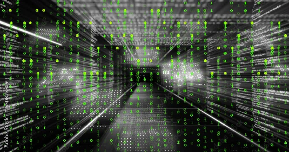 Poster on overlay activation binary rain pouring in data tunnel with camera speeding into vanishing point