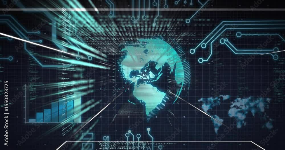 Poster turquoise globe rotating eastward while chart growing and data streaks pulsing to visualize network