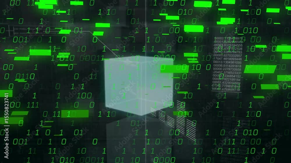 Aufkleber Translucent cube floating in grid receiving binary flow linking code panels mapping data saturation