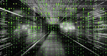 On overlay activation binary rain pouring in data tunnel with camera speeding into vanishing point - Powered by Adobe