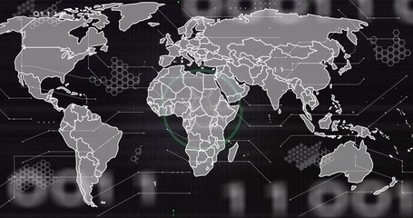 Starting with map scanning Africa, revealing bug, circuits pulsing, code scrolling for monitoring