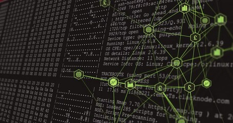 Network graph fading in causing scrolling nmap port scan and traceroute showing network discovery - Powered by Adobe