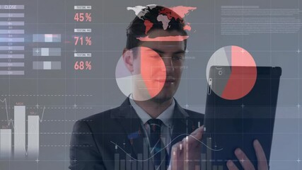 man tapping and swiping tablet screen activating animated financial charts and meters in tech demo - Powered by Adobe