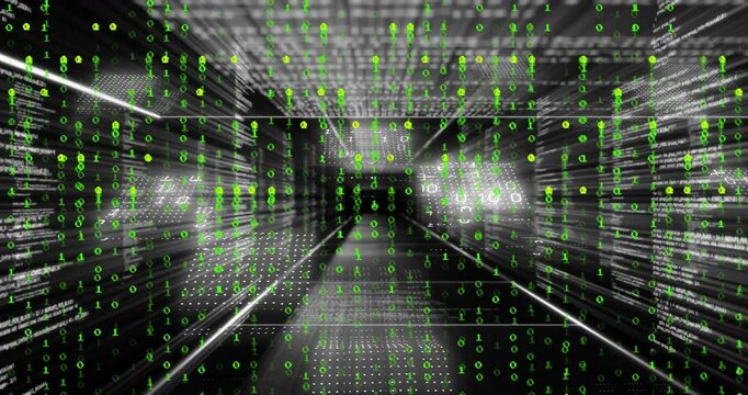On overlay activation binary rain pouring in data tunnel with camera speeding into vanishing point
