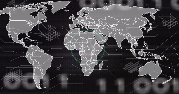 Starting with map scanning Africa, revealing bug, circuits pulsing, code scrolling for monitoring