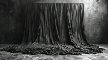 Dark, draped fabric obscures a wall in a dimly lit, textured space