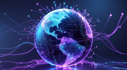 A mesmerizing abstract globe, illuminated with a network of vibrant, glowing digital connections, resembling a intricate web of circuitry, with swirling patterns of blue and purple hues
