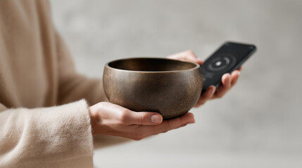 Hands holding ceramic bowl and smartphone showing modern digital lifestyle and work life balance