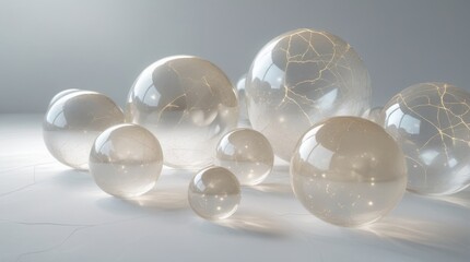 Ethereal transparent spheres of varying sizes, each with a subtle sheen, suspended in a pristine white void, devoid of shadows, with a delicate, intricate network of faint