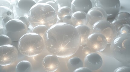 Ethereal transparent spheres of varying sizes, each with a subtle sheen, suspended in a pristine white void, devoid of shadows, with a delicate, intricate network of faint