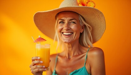 Happy mature woman enjoying a tropical cocktail on a sunny day