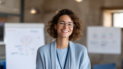 Confident young businesswoman with glasses smiling in modern startup office wearing professional blazer