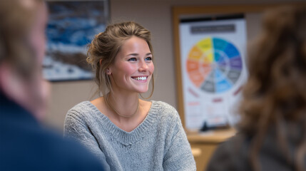 Young businesswoman smiling during team meeting in modern startup office with colorful charts background