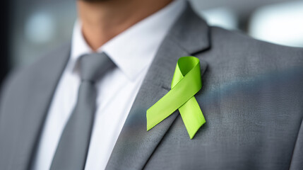 Business professional displaying green awareness ribbon for environmental and mental health support