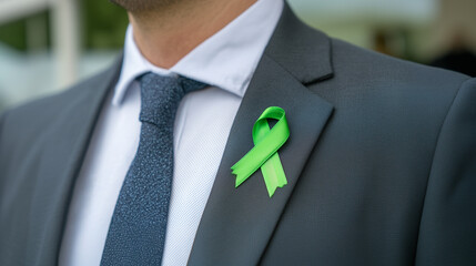 Corporate executive with green ribbon symbolizing sustainability and wellness advocacy in business