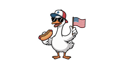 Patriotic Cartoon Goose with Holding a American Flag, Hot Dog, and Wearing a Sunglasses © Anukul Debnath