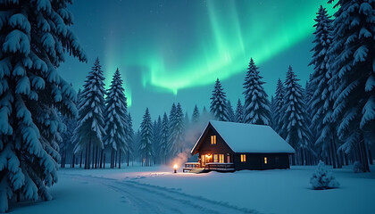 Captivating winter scene of a snowy cabin under the breathtaking aurora borealis