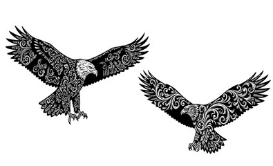 Two ornate eagles in flight on white background