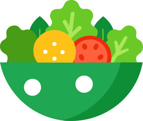 Bold-colour flat design of a salad bowl with kale, quinoa, feta, and cherry tomatoes with white background.