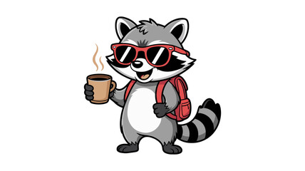 Hip Cartoon Raccoon with Sunglasses, Backpack, and Holding a Coffee Cup