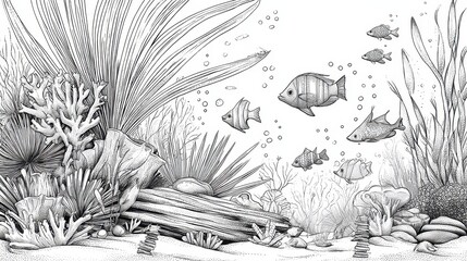 Detailed black and white underwater scene with coral, fish, and plants.