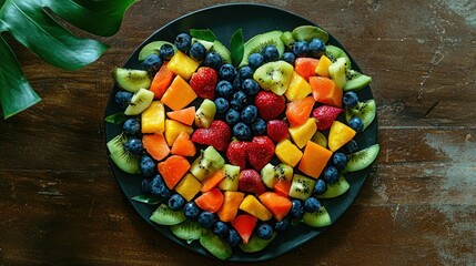 A healthy heart-shaped food arrangement made of fruits and vegetables