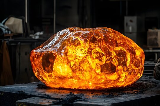 Dramatic shot of molten glass being blown into shape by a craftsman, with bright amber colors contrasting the dark workspace. 