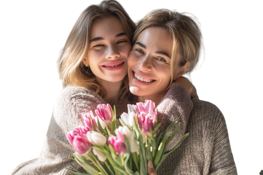 Happy Mother's Day! Mother and daughter embracing with tulips.