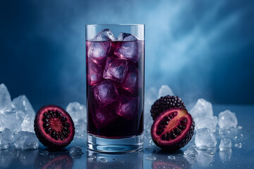Refreshing boysenberry juice with large ice cubes in a highball glass, placed on a reflective surface, surrounded by scattered ice cubes and halved boysenberrys