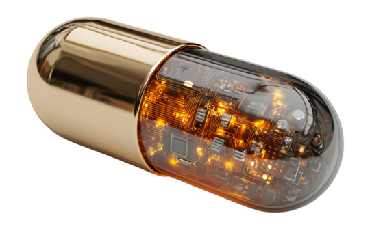 Futuristic capsule with glowing circuitry.