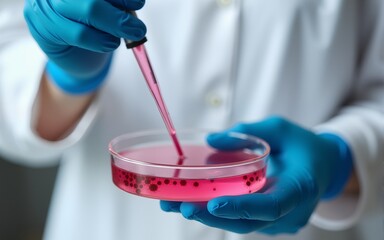 Scientist in gloves analyzing red bacterial and viral cultures in a petri dish using pipette in laboratory setting. High quality