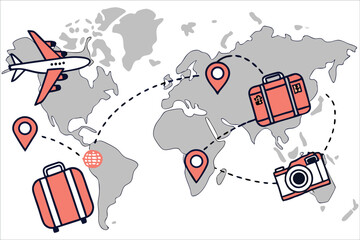  Summer Vacation Travel Concept with Beach, Airplane, and Luggage – Vector Illustration