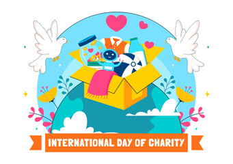 International Day of Charity Vector Illustration on September 5th Featuring a Donation Package and Love Concept by a Volunteer in a Flat Background
